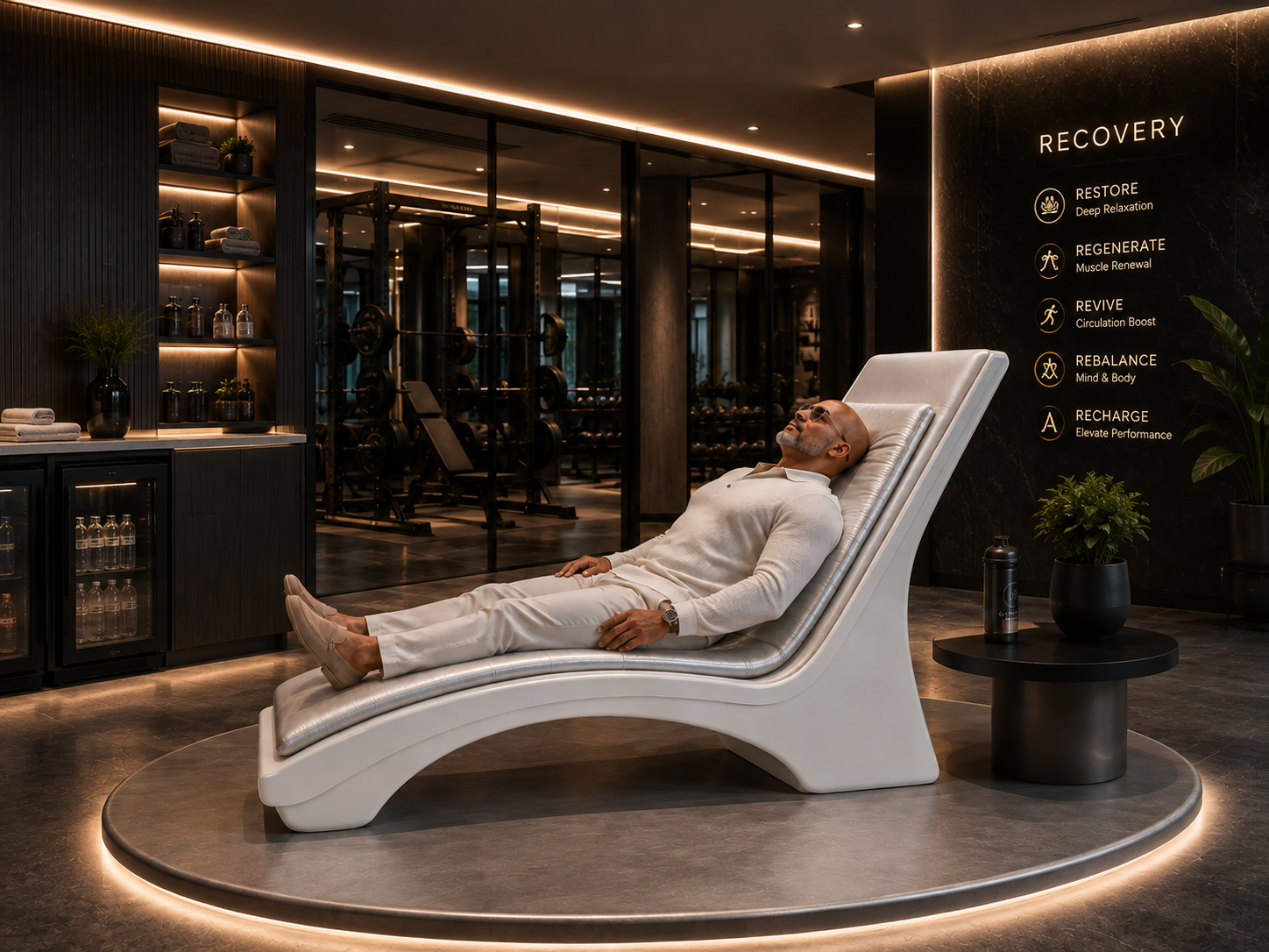Member resting on a PureWave bed in a dark luxury recovery lounge
