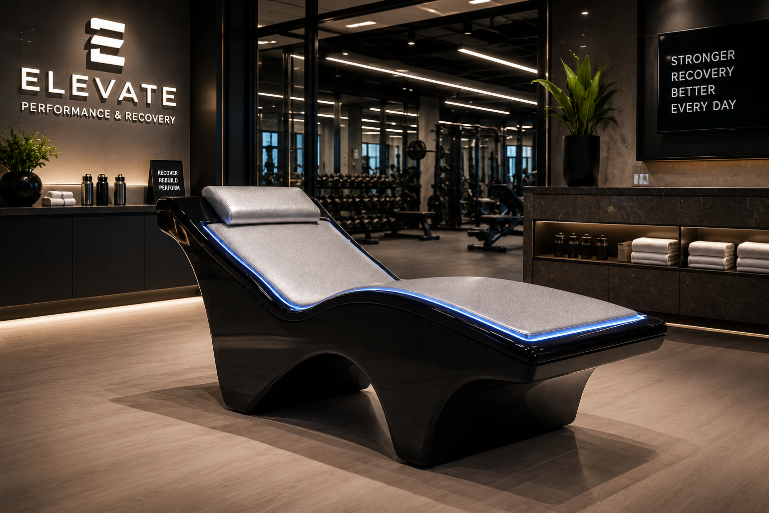Black recovery lounger inside a high-end performance gym