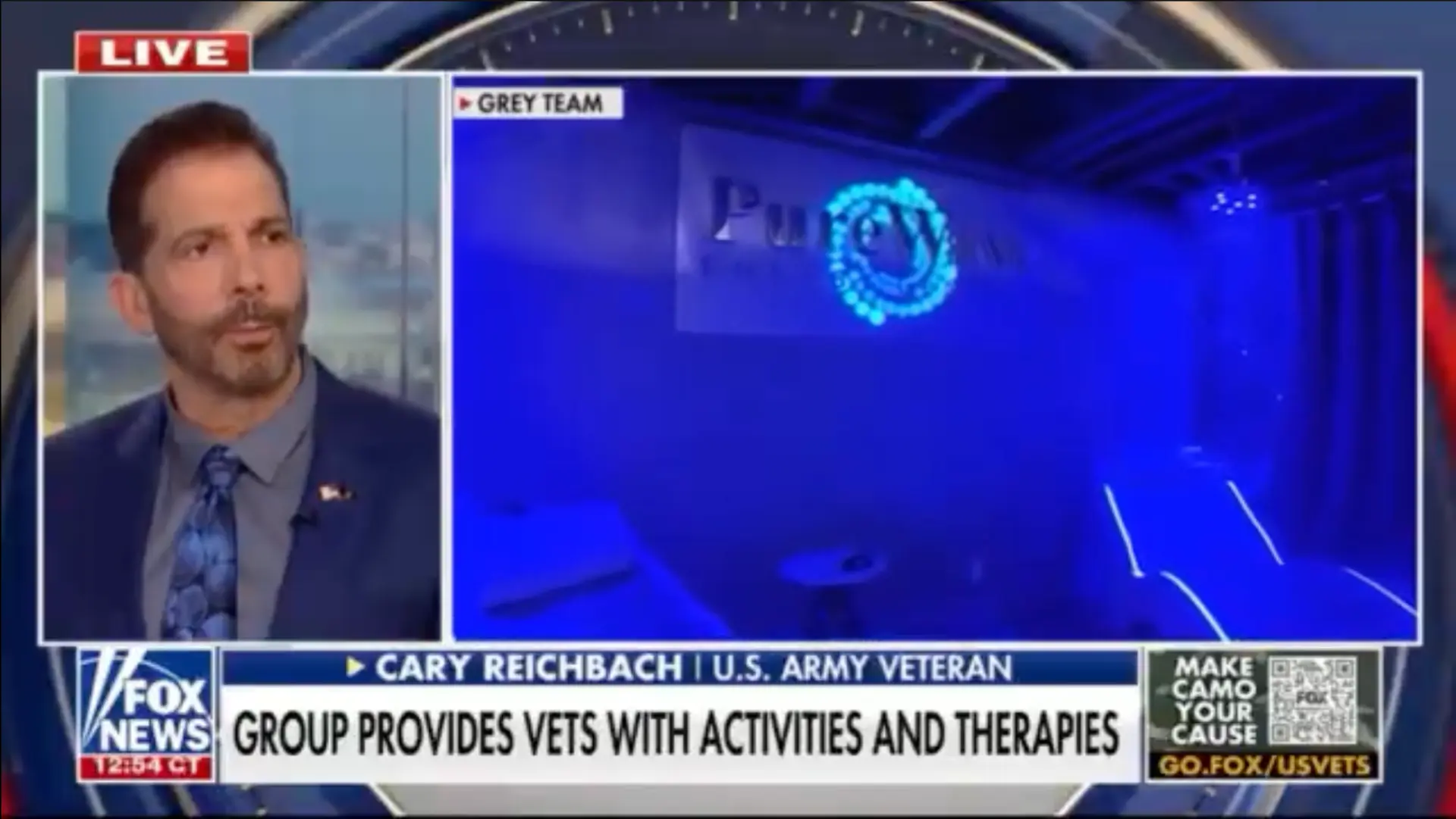 Fox News broadcast still showing a veteran using a PureWave system in a recovery space