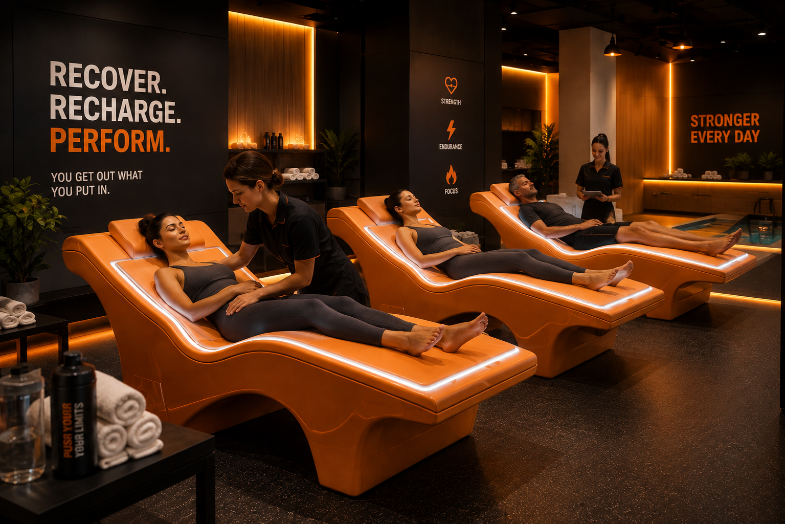 Row of PureWave beds in a training facility with clients recovering